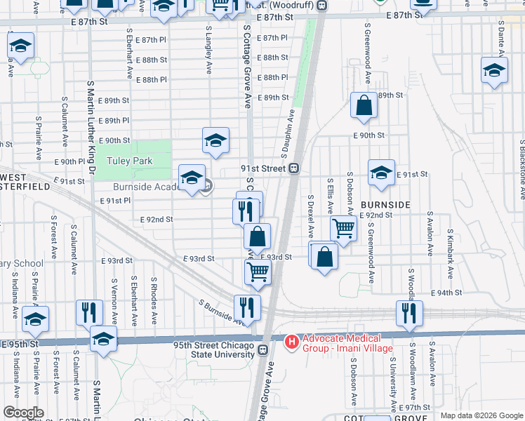 map of restaurants, bars, coffee shops, grocery stores, and more near 9121 South Cottage Grove Avenue in Chicago