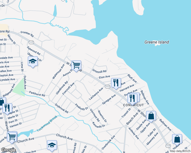 map of restaurants, bars, coffee shops, grocery stores, and more near 528 West Shore Road in Warwick