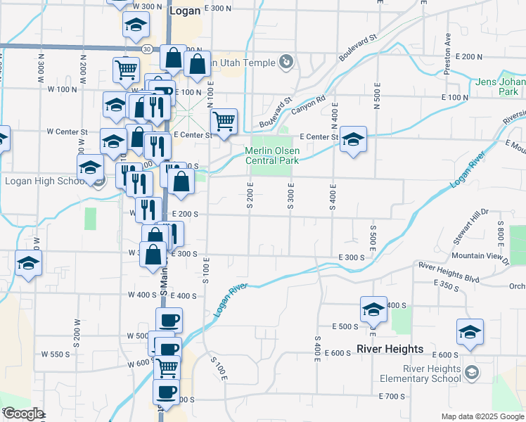 map of restaurants, bars, coffee shops, grocery stores, and more near 150 South 200 East in Logan