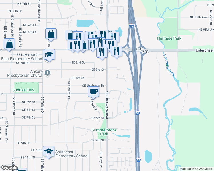map of restaurants, bars, coffee shops, grocery stores, and more near 411 Southeast Delaware Avenue in Ankeny