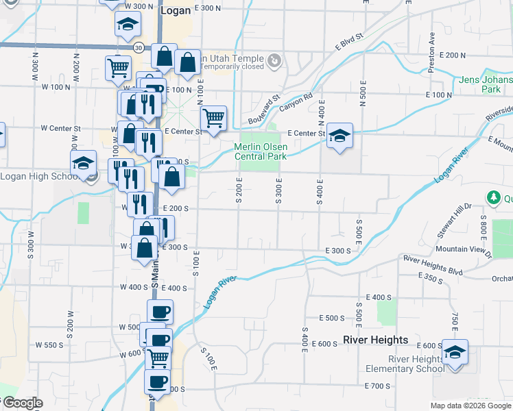 map of restaurants, bars, coffee shops, grocery stores, and more near 255 East 200 South in Logan