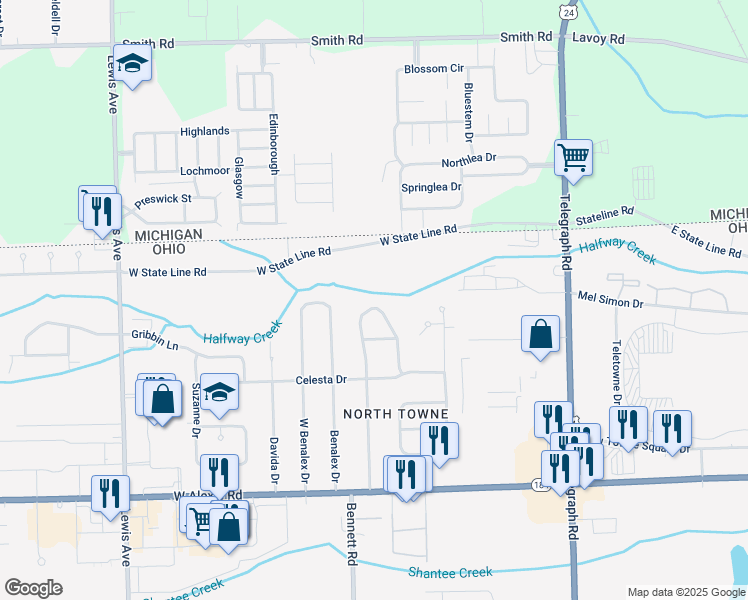 map of restaurants, bars, coffee shops, grocery stores, and more near 6154 Holly Valley Drive in Toledo