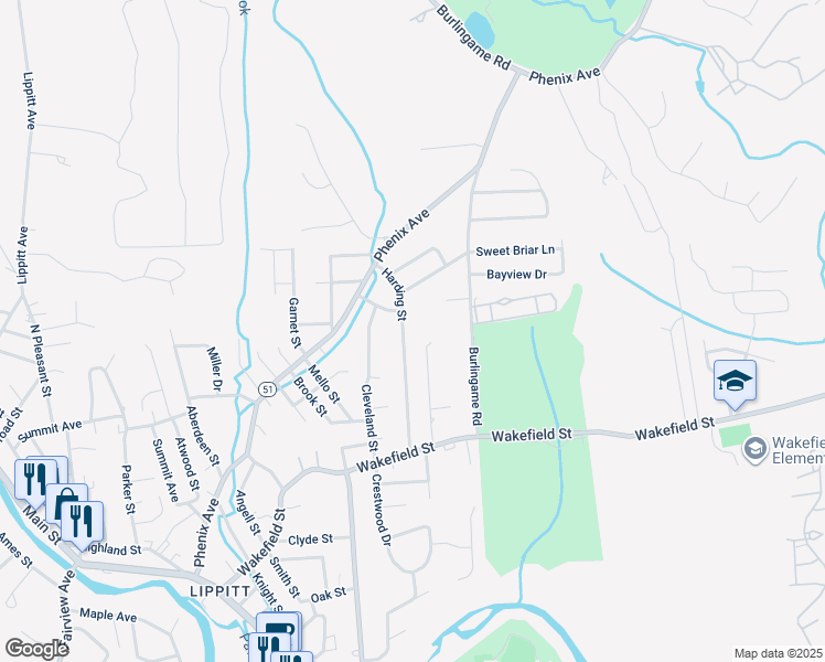 map of restaurants, bars, coffee shops, grocery stores, and more near 121 Harding Street in West Warwick
