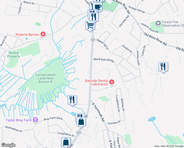map of restaurants, bars, coffee shops, grocery stores, and more near 390 Main Street in Dennis