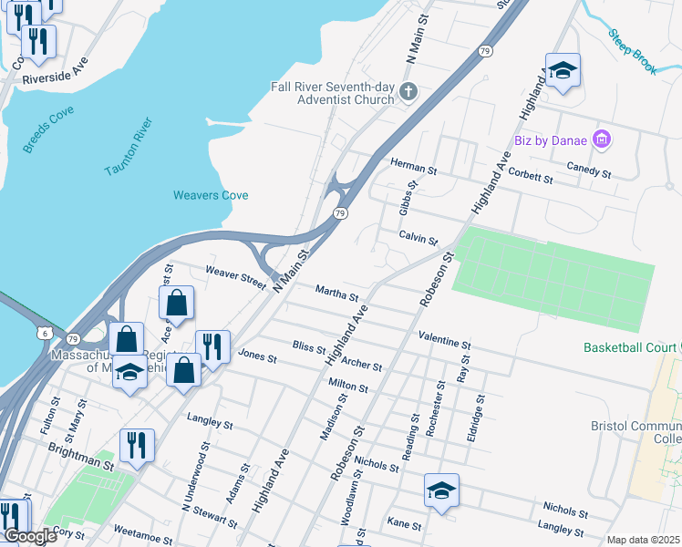 map of restaurants, bars, coffee shops, grocery stores, and more near 1800 Highland Avenue in Fall River