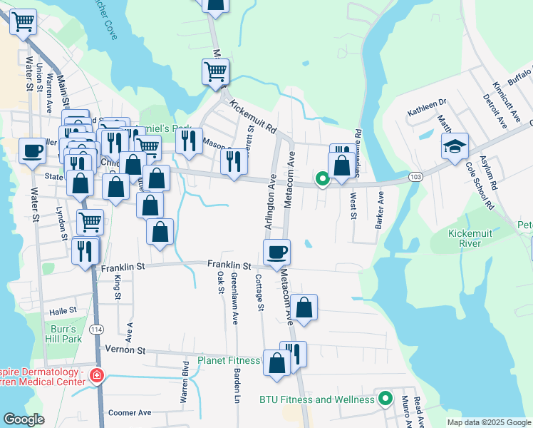 map of restaurants, bars, coffee shops, grocery stores, and more near 87 Arlington Avenue in Warren