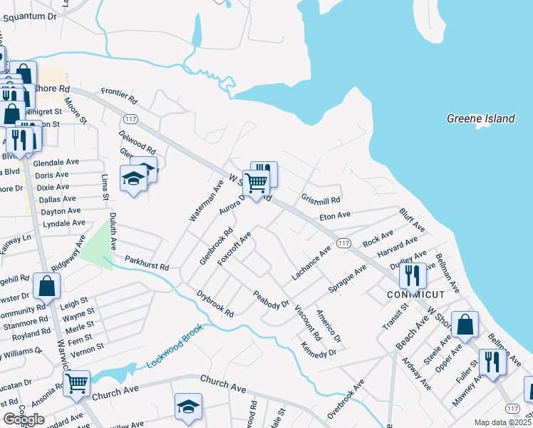 map of restaurants, bars, coffee shops, grocery stores, and more near 437 West Shore Road in Warwick