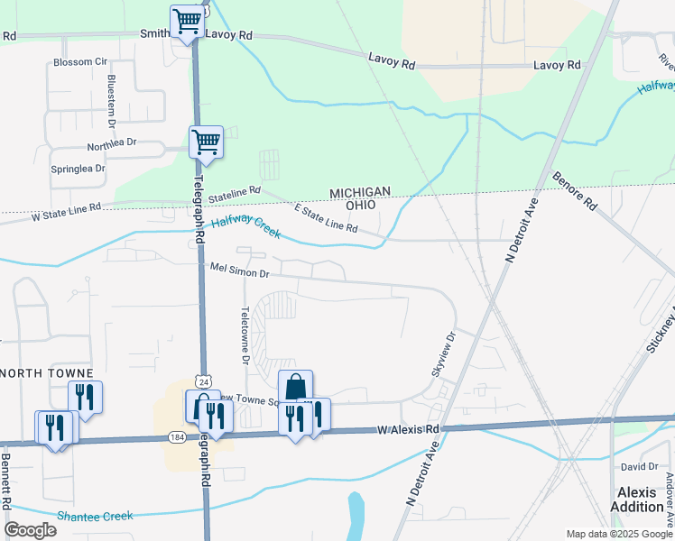 map of restaurants, bars, coffee shops, grocery stores, and more near Northridge Lane in Toledo