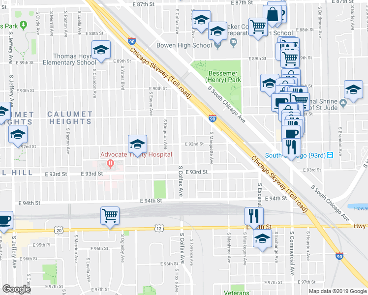 map of restaurants, bars, coffee shops, grocery stores, and more near 9152 South Colfax Avenue in Chicago