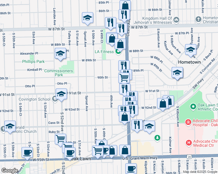 map of restaurants, bars, coffee shops, grocery stores, and more near 9008 49th Avenue in Oak Lawn