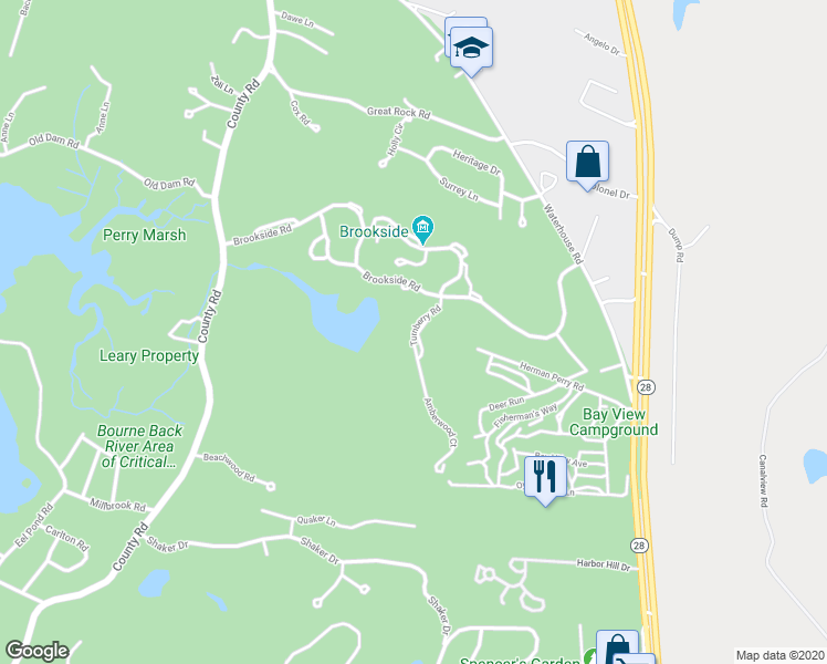 map of restaurants, bars, coffee shops, grocery stores, and more near 34 Turnberry Road in Bourne