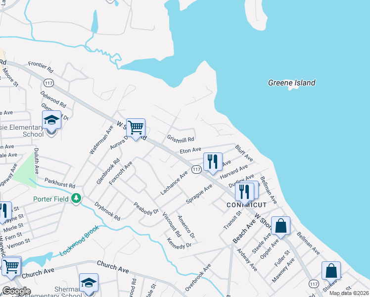 map of restaurants, bars, coffee shops, grocery stores, and more near 115 Eton Avenue in Warwick