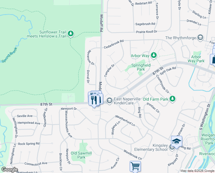 map of restaurants, bars, coffee shops, grocery stores, and more near 2039 Templar Drive in Naperville