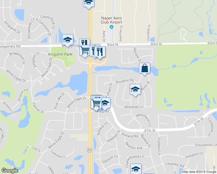 map of restaurants, bars, coffee shops, grocery stores, and more near 2121 Fulham Drive in Naperville