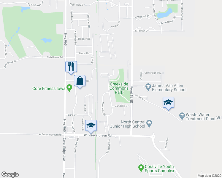 map of restaurants, bars, coffee shops, grocery stores, and more near 1470 Sadler Drive in North Liberty