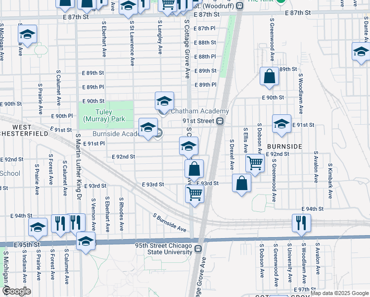 map of restaurants, bars, coffee shops, grocery stores, and more near 9144 South Cottage Grove Avenue in Chicago