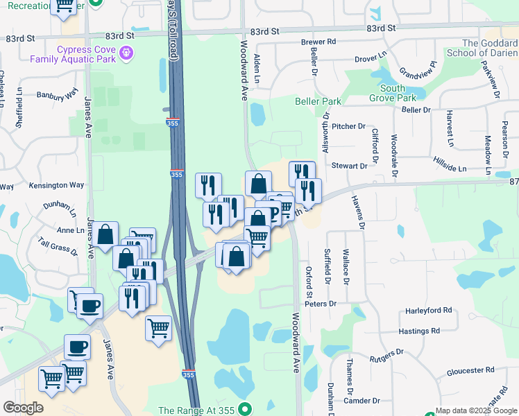 map of restaurants, bars, coffee shops, grocery stores, and more near 8525 Woodward Avenue in Woodridge