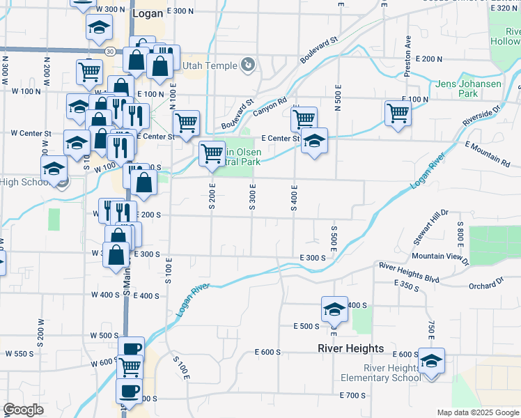 map of restaurants, bars, coffee shops, grocery stores, and more near 148 South 300 East in Logan