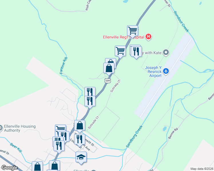 map of restaurants, bars, coffee shops, grocery stores, and more near 8085 U.S. 209 in Ellenville