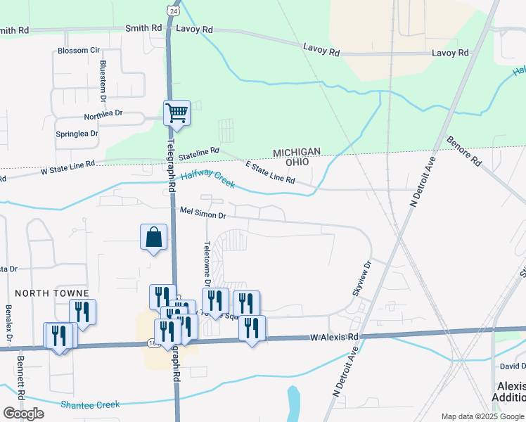 map of restaurants, bars, coffee shops, grocery stores, and more near Northridge Lane in Toledo