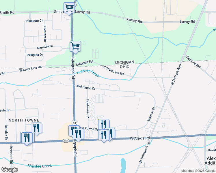 map of restaurants, bars, coffee shops, grocery stores, and more near Northridge Lane in Toledo