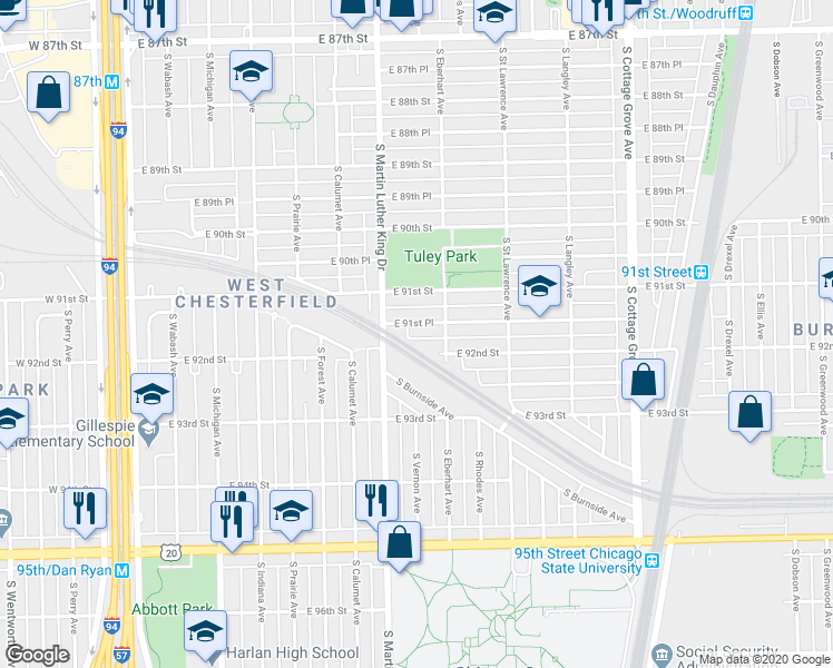 map of restaurants, bars, coffee shops, grocery stores, and more near 418 East 91st Place in Chicago