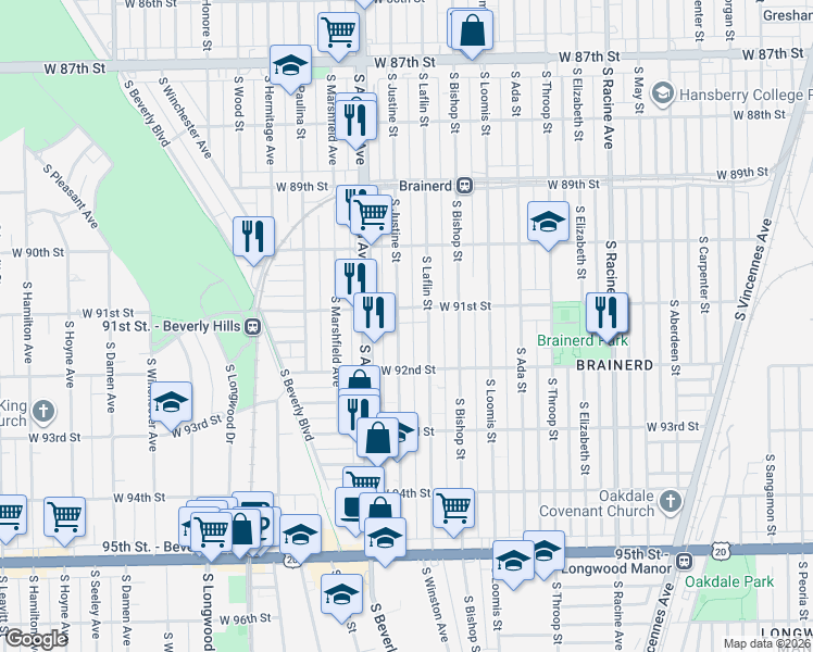 map of restaurants, bars, coffee shops, grocery stores, and more near 1541 West 91st Street in Chicago