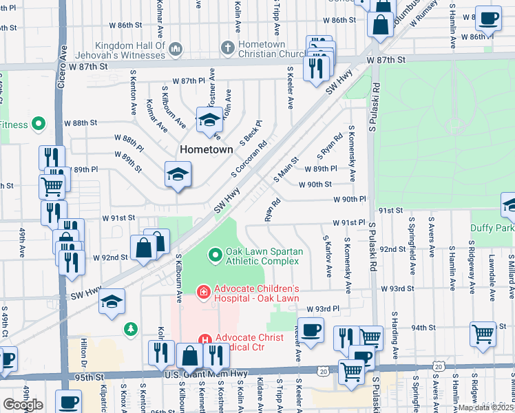 map of restaurants, bars, coffee shops, grocery stores, and more near 9052 South Main Street in Hometown