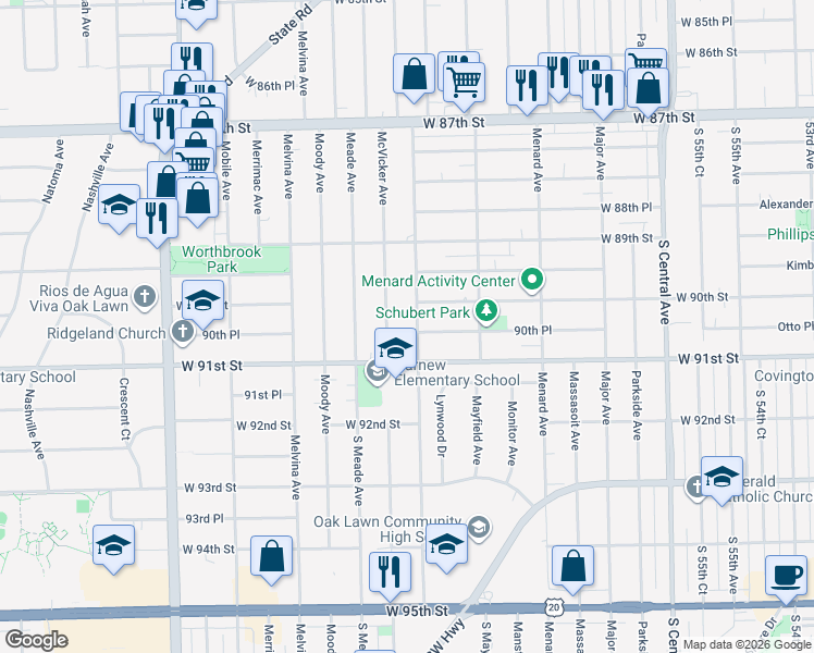 map of restaurants, bars, coffee shops, grocery stores, and more near 9006 Austin Avenue in Oak Lawn