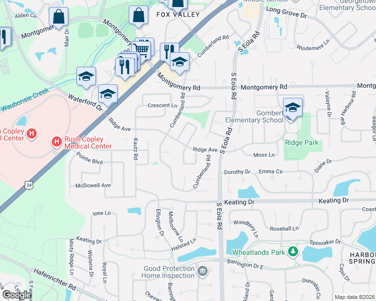 map of restaurants, bars, coffee shops, grocery stores, and more near 1622 Sycamore Lane in Aurora