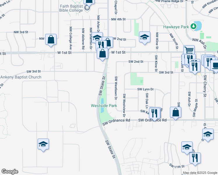 map of restaurants, bars, coffee shops, grocery stores, and more near 1516 Southwest 4th Street in Ankeny