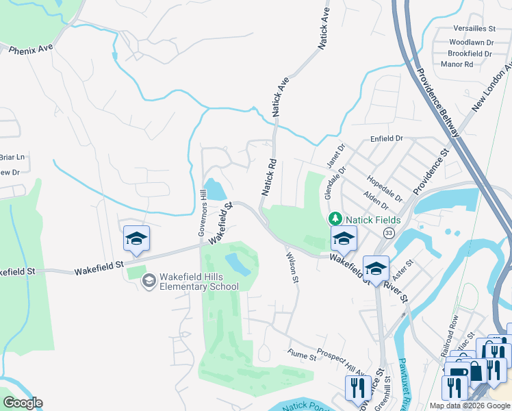 map of restaurants, bars, coffee shops, grocery stores, and more near 14 Natick Road in West Warwick