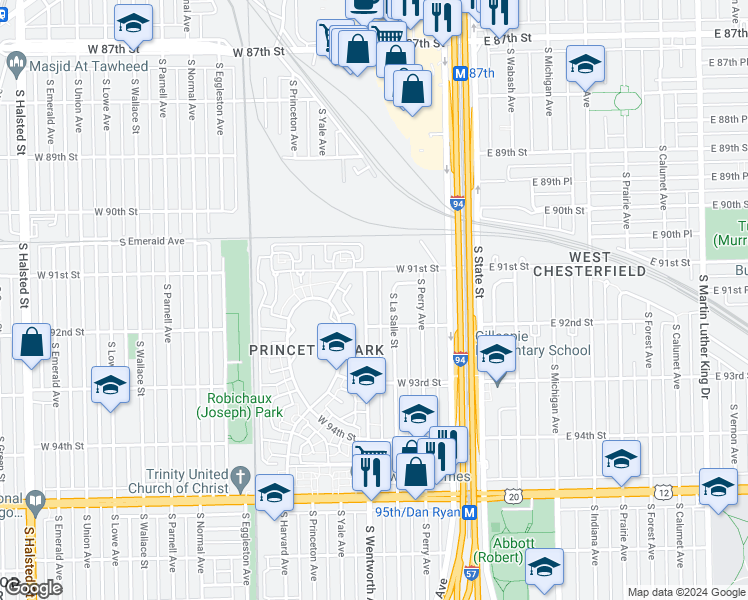 map of restaurants, bars, coffee shops, grocery stores, and more near 9133 S Wentworth Ave in Chicago