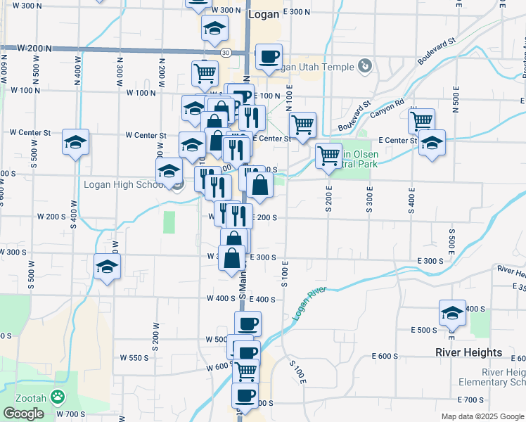 map of restaurants, bars, coffee shops, grocery stores, and more near 150 South Main Street in Logan