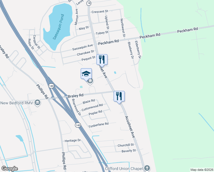 map of restaurants, bars, coffee shops, grocery stores, and more near 4085 Acushnet Avenue in New Bedford