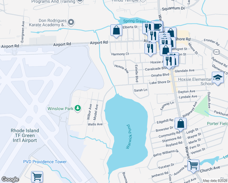 map of restaurants, bars, coffee shops, grocery stores, and more near 256 Lake Shore Drive in Warwick