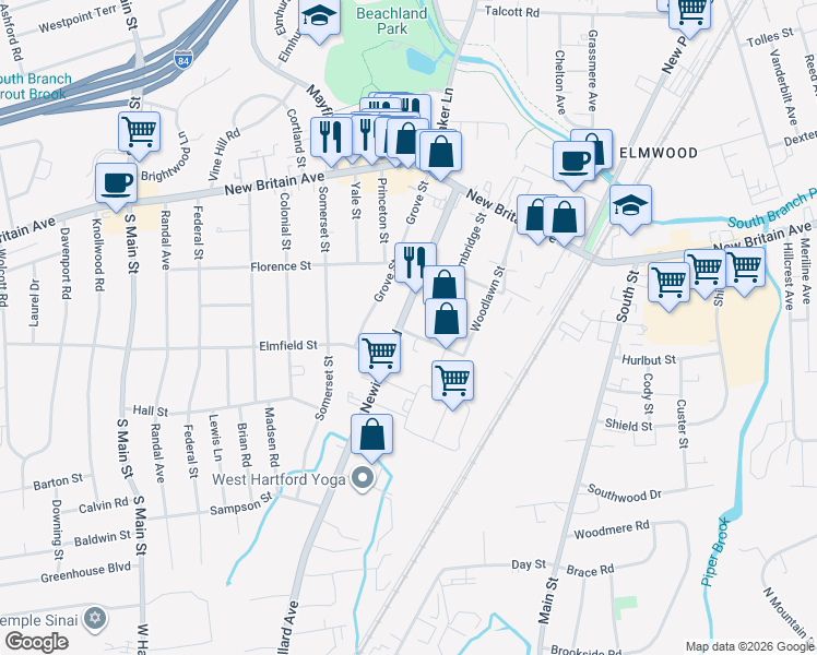 map of restaurants, bars, coffee shops, grocery stores, and more near 108 Newington Road in West Hartford