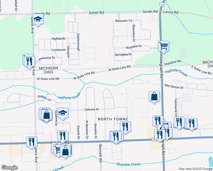 map of restaurants, bars, coffee shops, grocery stores, and more near 6154 Holly Valley Drive in Toledo