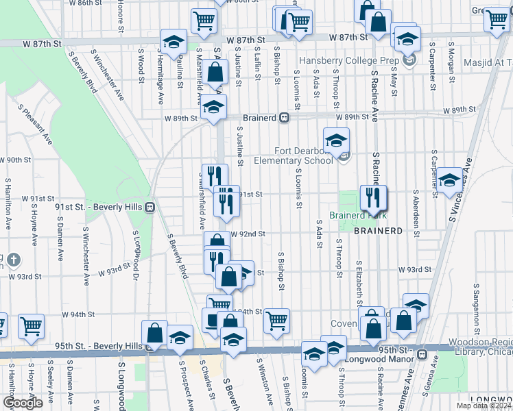 map of restaurants, bars, coffee shops, grocery stores, and more near 9114 South Laflin Street in Chicago