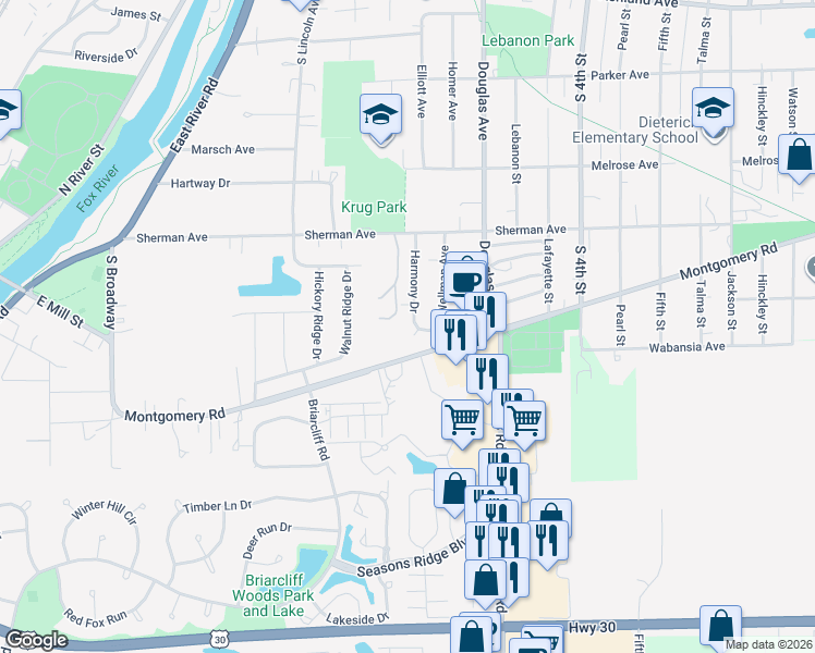 map of restaurants, bars, coffee shops, grocery stores, and more near 1017 Harmony Drive in Montgomery