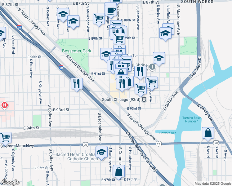 map of restaurants, bars, coffee shops, grocery stores, and more near 2924 East 92nd Street in Chicago