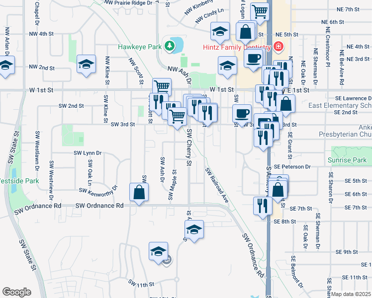 map of restaurants, bars, coffee shops, grocery stores, and more near 410 Southwest Cherry Street in Ankeny