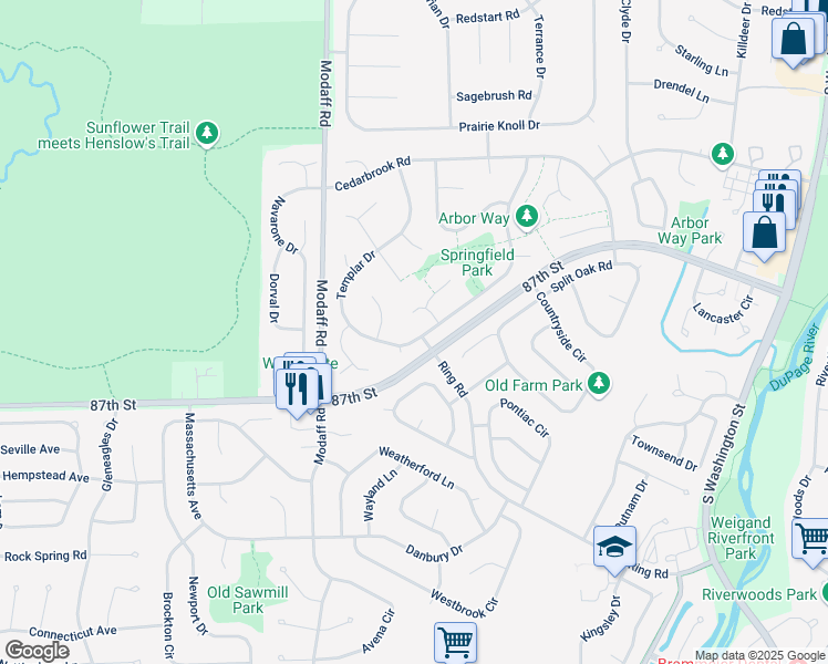map of restaurants, bars, coffee shops, grocery stores, and more near 306 Devlin Court in Naperville