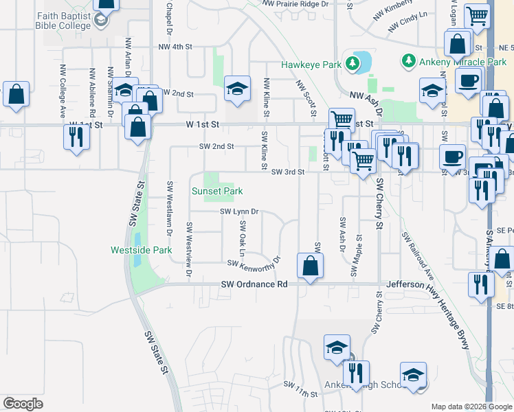 map of restaurants, bars, coffee shops, grocery stores, and more near 1150 Southwest Lynn Drive in Ankeny