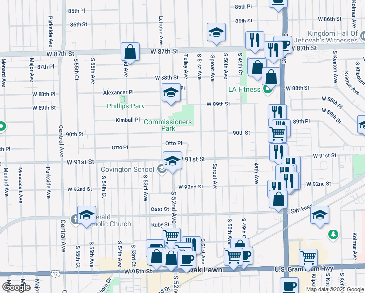 map of restaurants, bars, coffee shops, grocery stores, and more near 5164 Otto Place in Oak Lawn