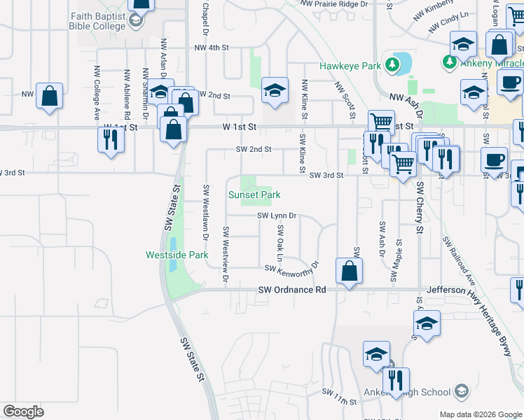 map of restaurants, bars, coffee shops, grocery stores, and more near 1218 Southwest Lynn Drive in Ankeny