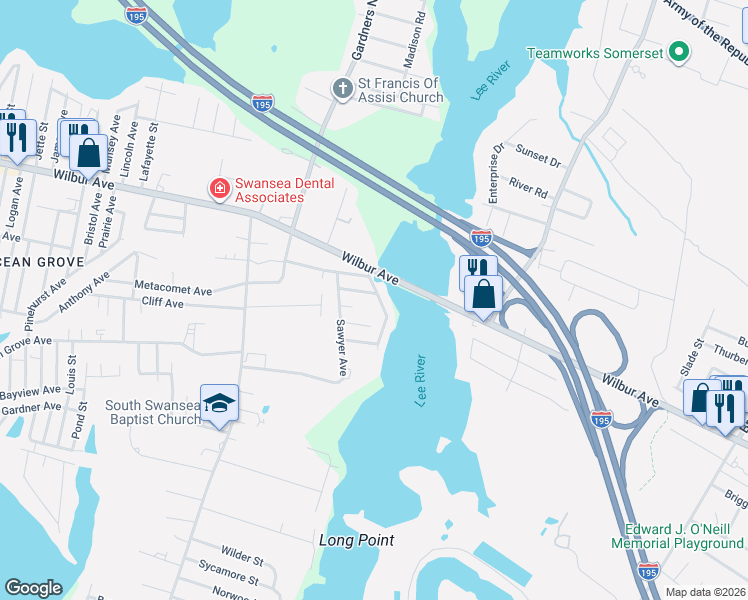 map of restaurants, bars, coffee shops, grocery stores, and more near 27 Lees River Drive in Swansea