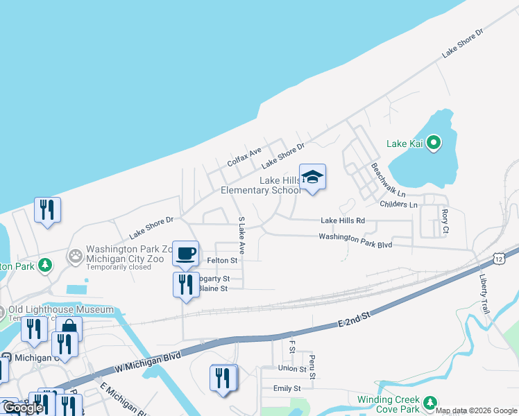 map of restaurants, bars, coffee shops, grocery stores, and more near 106 Rue De Lac East in Michigan City