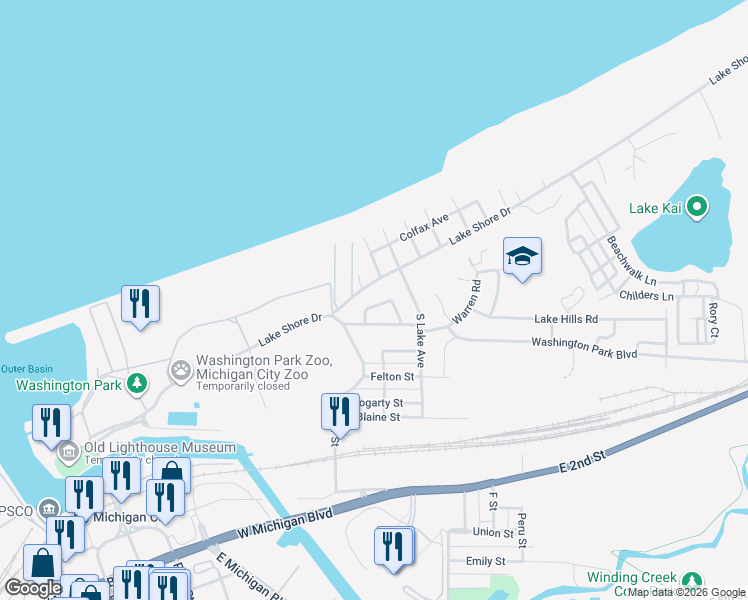 map of restaurants, bars, coffee shops, grocery stores, and more near 128 Prairie Avenue in Michigan City
