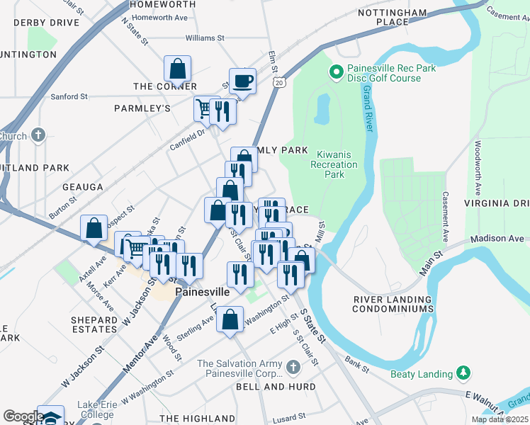 map of restaurants, bars, coffee shops, grocery stores, and more near 244 Avery Terrace in Painesville